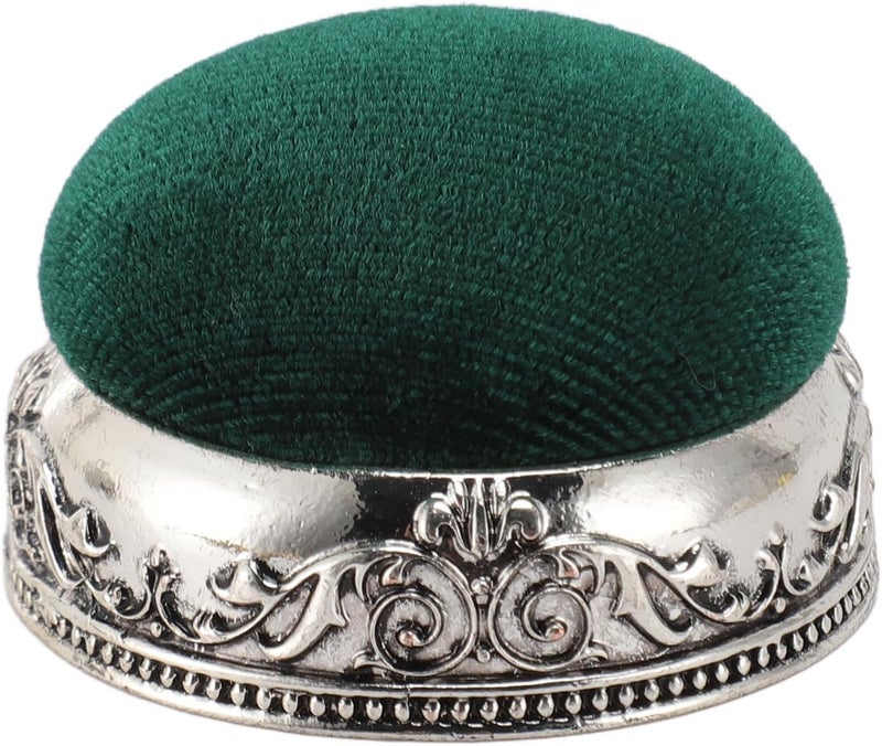 ZIZEV Needle Cushion, Pin Cushion Metal Base, Anti-Dropping Pincushions Ball Shaped Needle Pin Holder, Vintage Half Ball Shape for Sewing (Silver Base Green Type) - Image 1